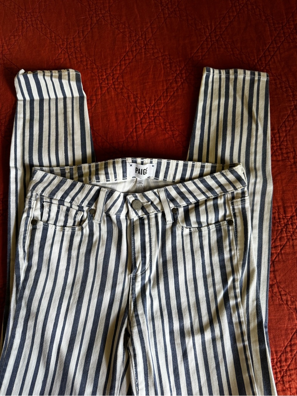 PAIGE Vertical Stripe Skinny Jeans in Navy and White